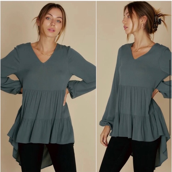 USA made dusty teal green women’s hi low tunic fall lightweight cute top - Picture 2 of 4